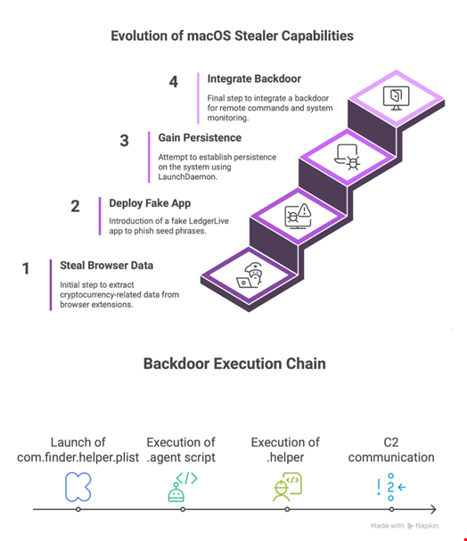 Evolution of AMOS capabilities (top). Step-by-step breakdown of the AMOS backdoor execution chain (bottom). Source: Moonlock, MacPaw